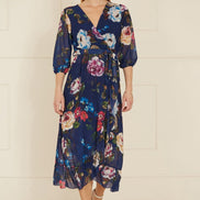 Yumi Navy Watercolour Dip Hem Midi Wrap Dress