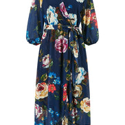 Yumi Navy Watercolour Dip Hem Midi Wrap Dress