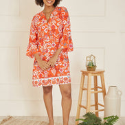 Yumi Orange Ikat Print 3/4 Sleeve Tunic Dress