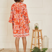 Yumi Orange Ikat Print 3/4 Sleeve Tunic Dress