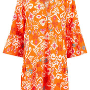 Yumi Orange Ikat Print 3/4 Sleeve Tunic Dress