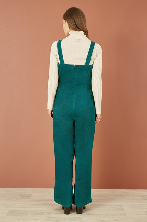 Yumi Teal Cord Stretch Dungaree Style Jumpsuit