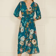 Yumi Teal Watercolour Dip Hem Midi Wrap Dress