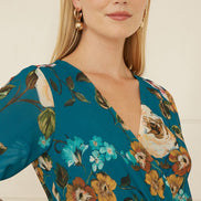 Yumi Teal Watercolour Dip Hem Midi Wrap Dress