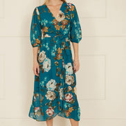 Yumi Teal Watercolour Dip Hem Midi Wrap Dress