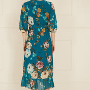 Yumi Teal Watercolour Dip Hem Midi Wrap Dress