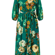 Yumi Teal Watercolour Dip Hem Midi Wrap Dress